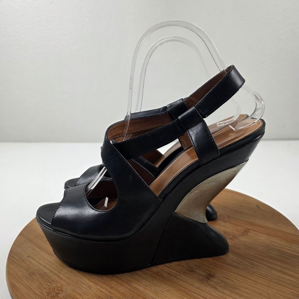 Anthropologie Leifsdottir Kaisa Black Leather Wedge Peep Toe Slingback Fits an 8